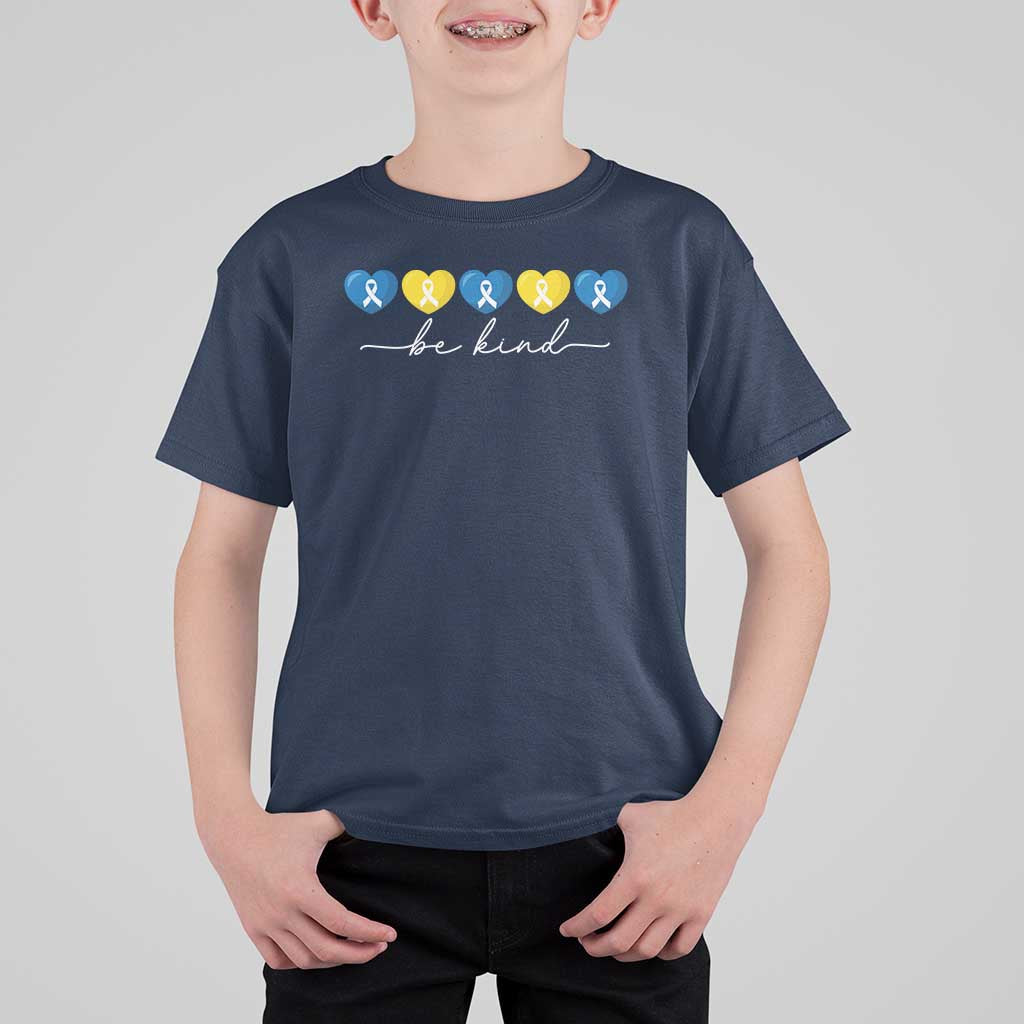 Down Syndrome Awareness T Shirt For Kid Blue Yellow Ribbon Be Kind