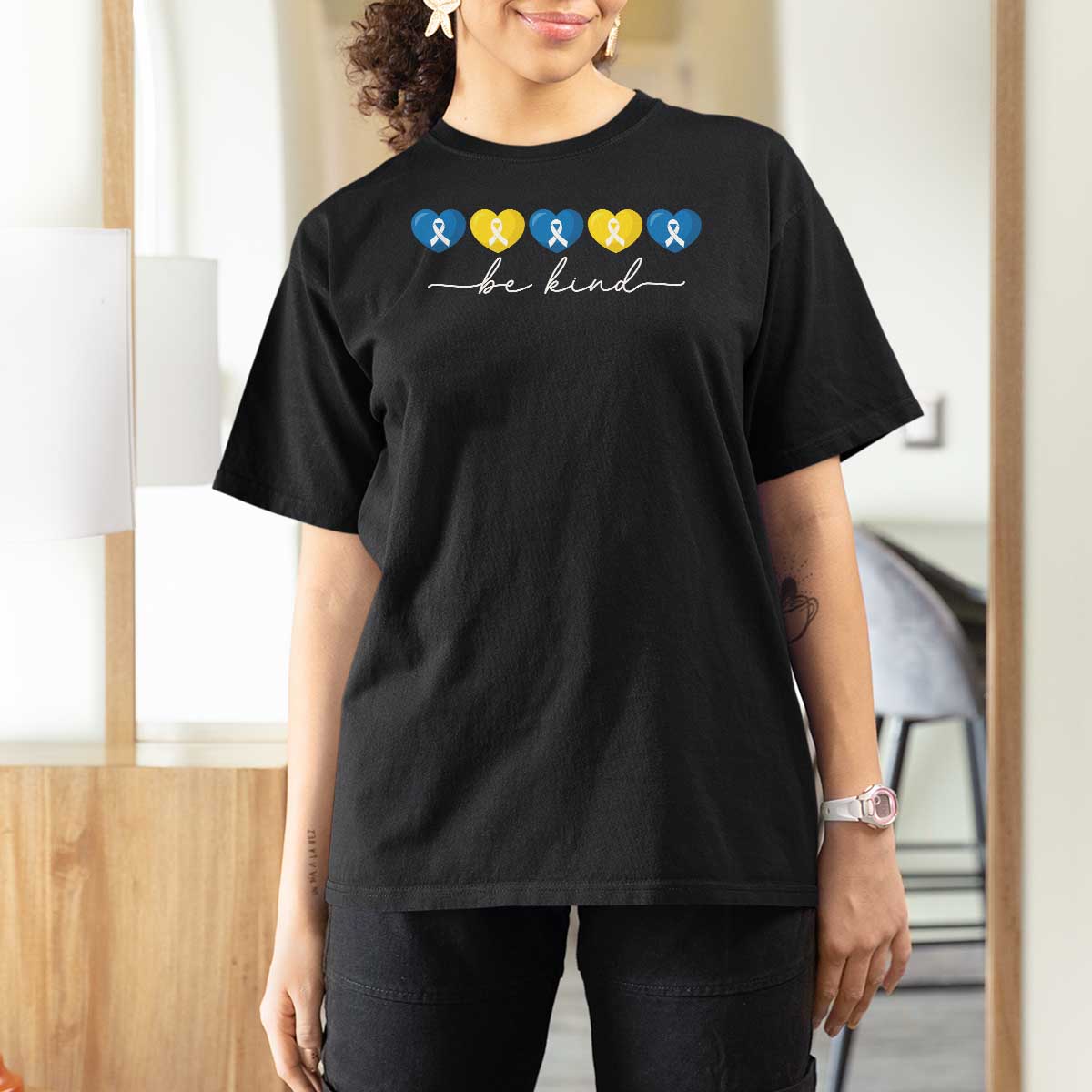 Down Syndrome Awareness T Shirt For Women Blue Yellow Ribbon Be Kind