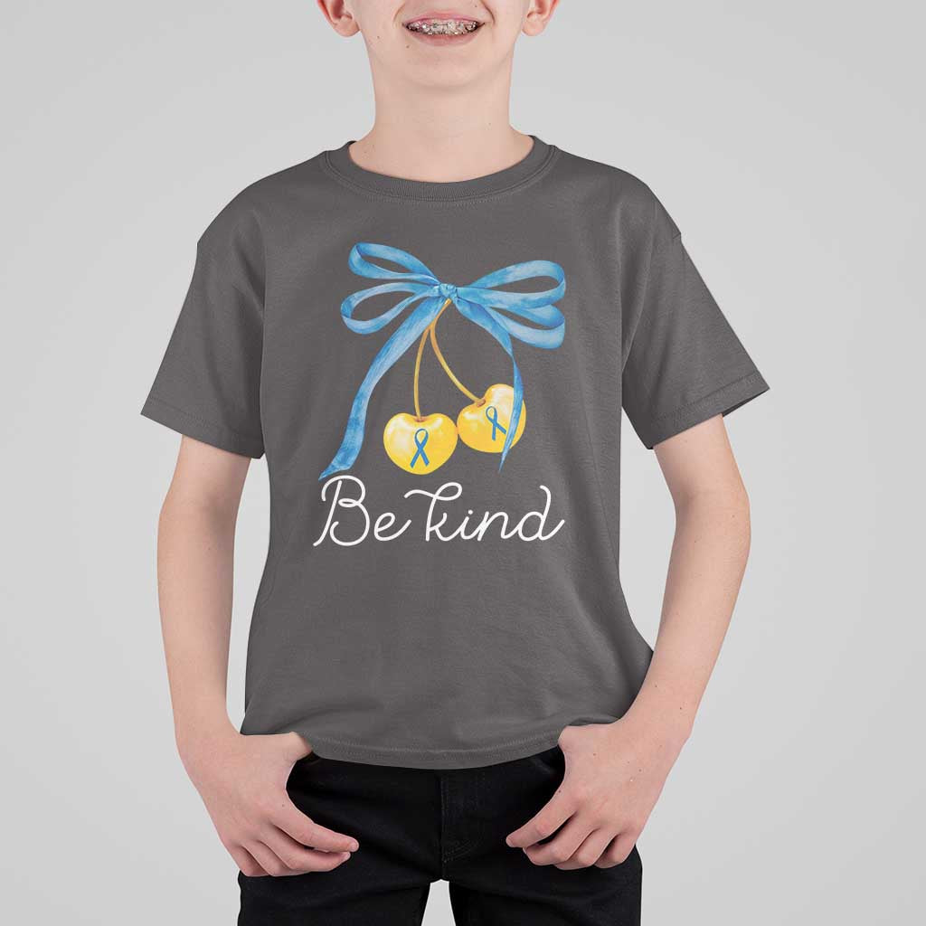 World Down Syndrome Day T Shirt For Kid Blue Yellow Cherry Bow Coquette Be Kind