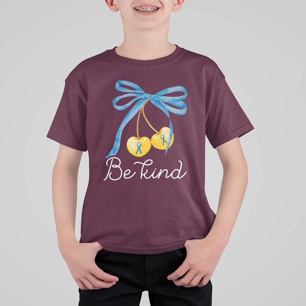 World Down Syndrome Day T Shirt For Kid Blue Yellow Cherry Bow Coquette Be Kind