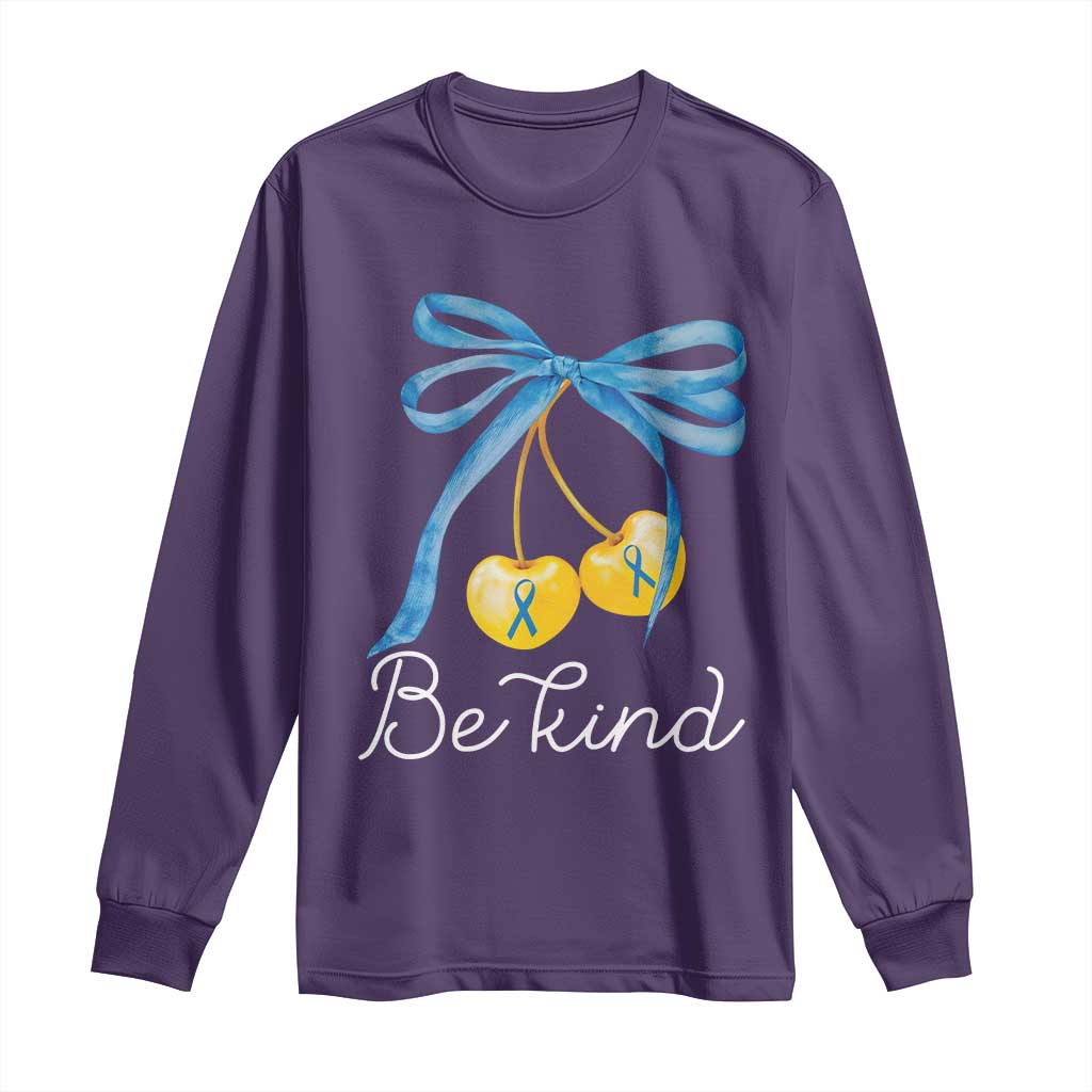 World Down Syndrome Day Long Sleeve Shirt Blue Yellow Cherry Bow Coquette Be Kind