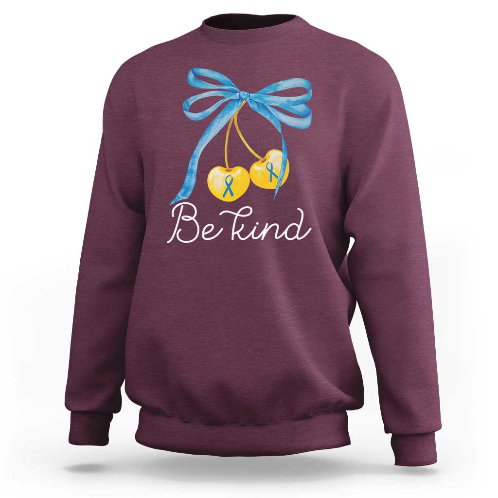 World Down Syndrome Day Sweatshirt Blue Yellow Cherry Bow Coquette Be Kind