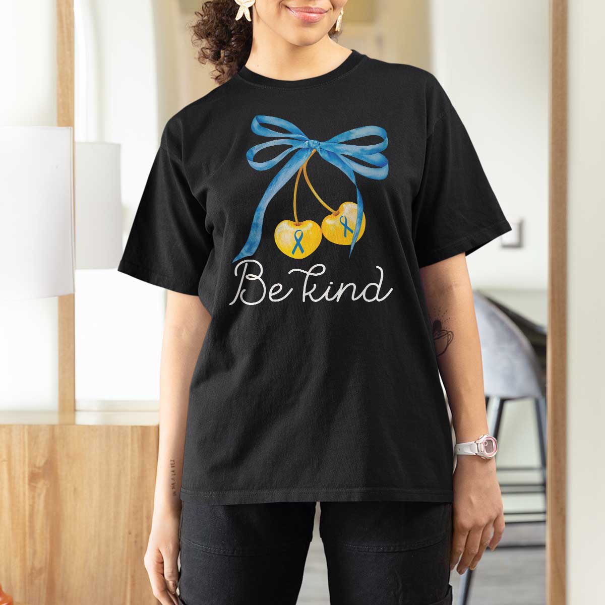 World Down Syndrome Day T Shirt For Women Blue Yellow Cherry Bow Coquette Be Kind