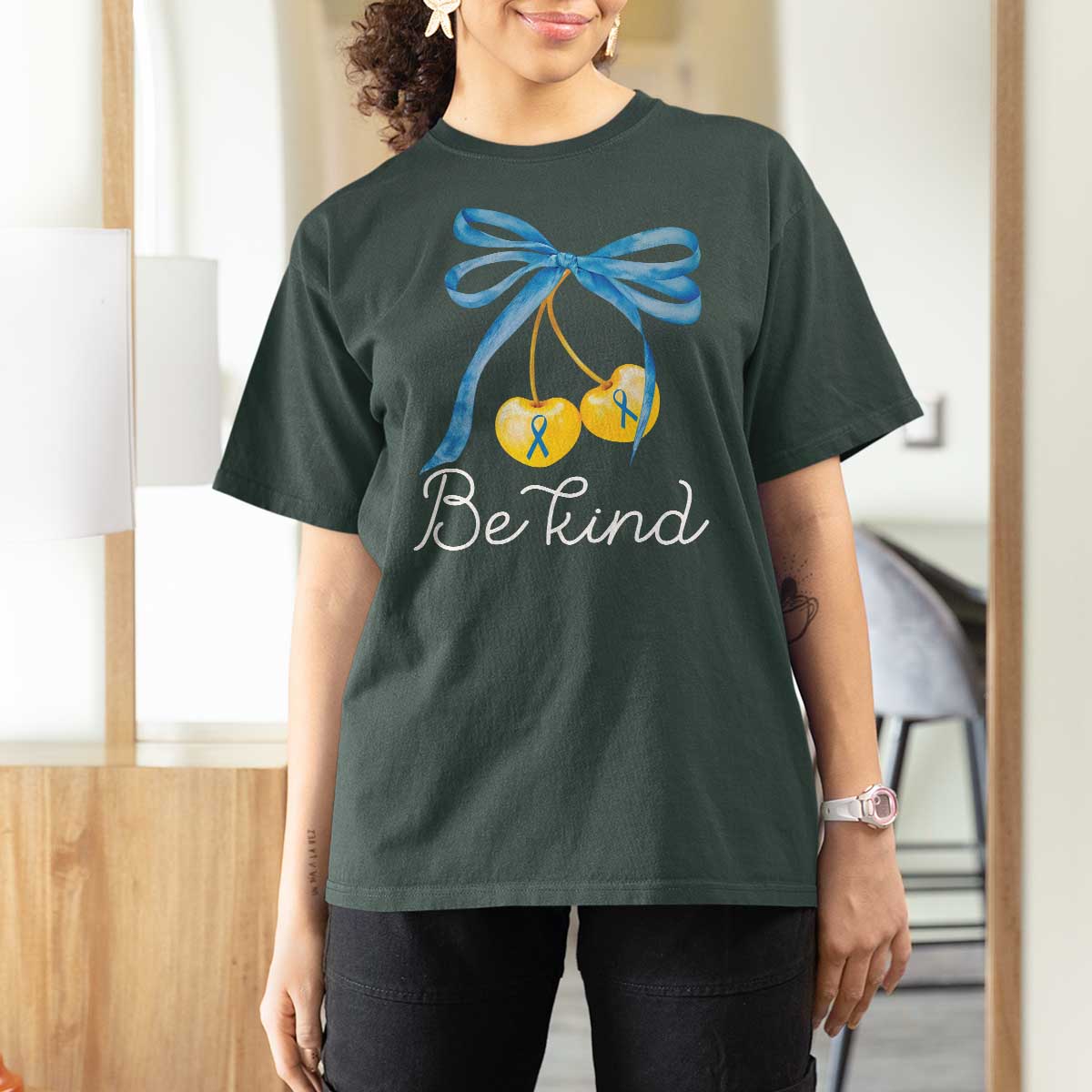 World Down Syndrome Day T Shirt For Women Blue Yellow Cherry Bow Coquette Be Kind