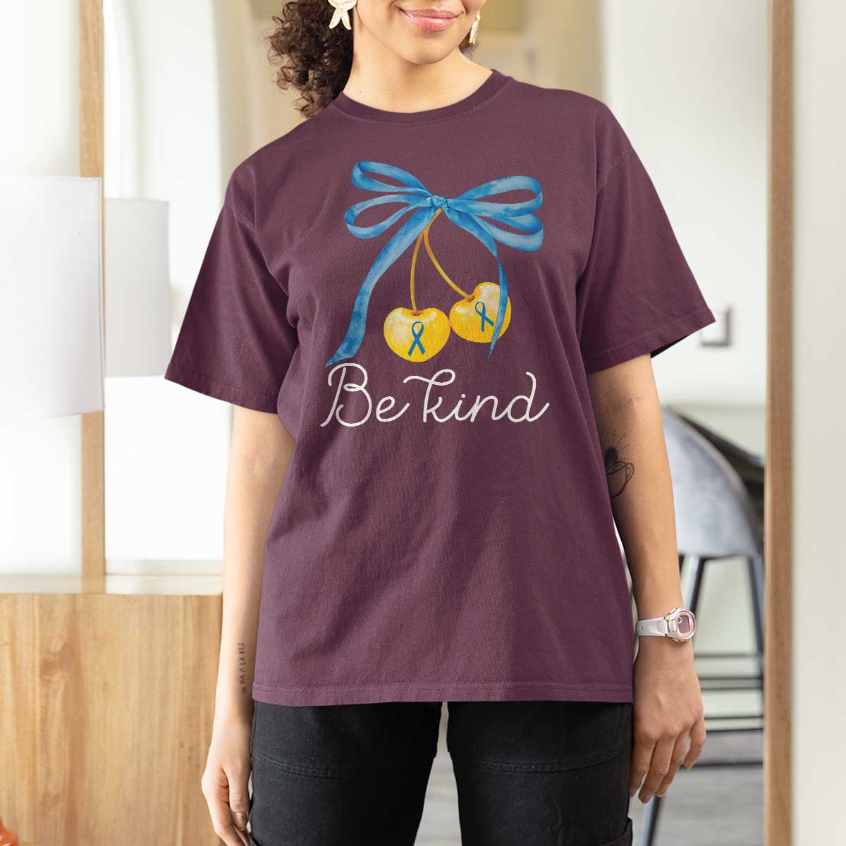 World Down Syndrome Day T Shirt For Women Blue Yellow Cherry Bow Coquette Be Kind