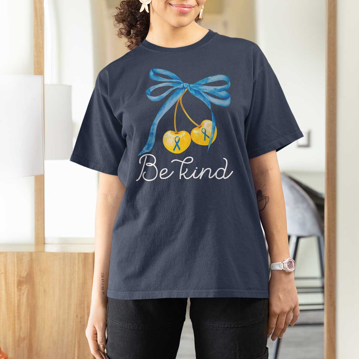 World Down Syndrome Day T Shirt For Women Blue Yellow Cherry Bow Coquette Be Kind