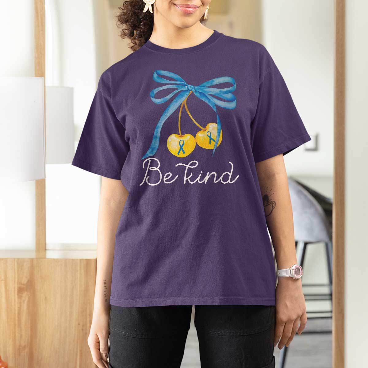 World Down Syndrome Day T Shirt For Women Blue Yellow Cherry Bow Coquette Be Kind