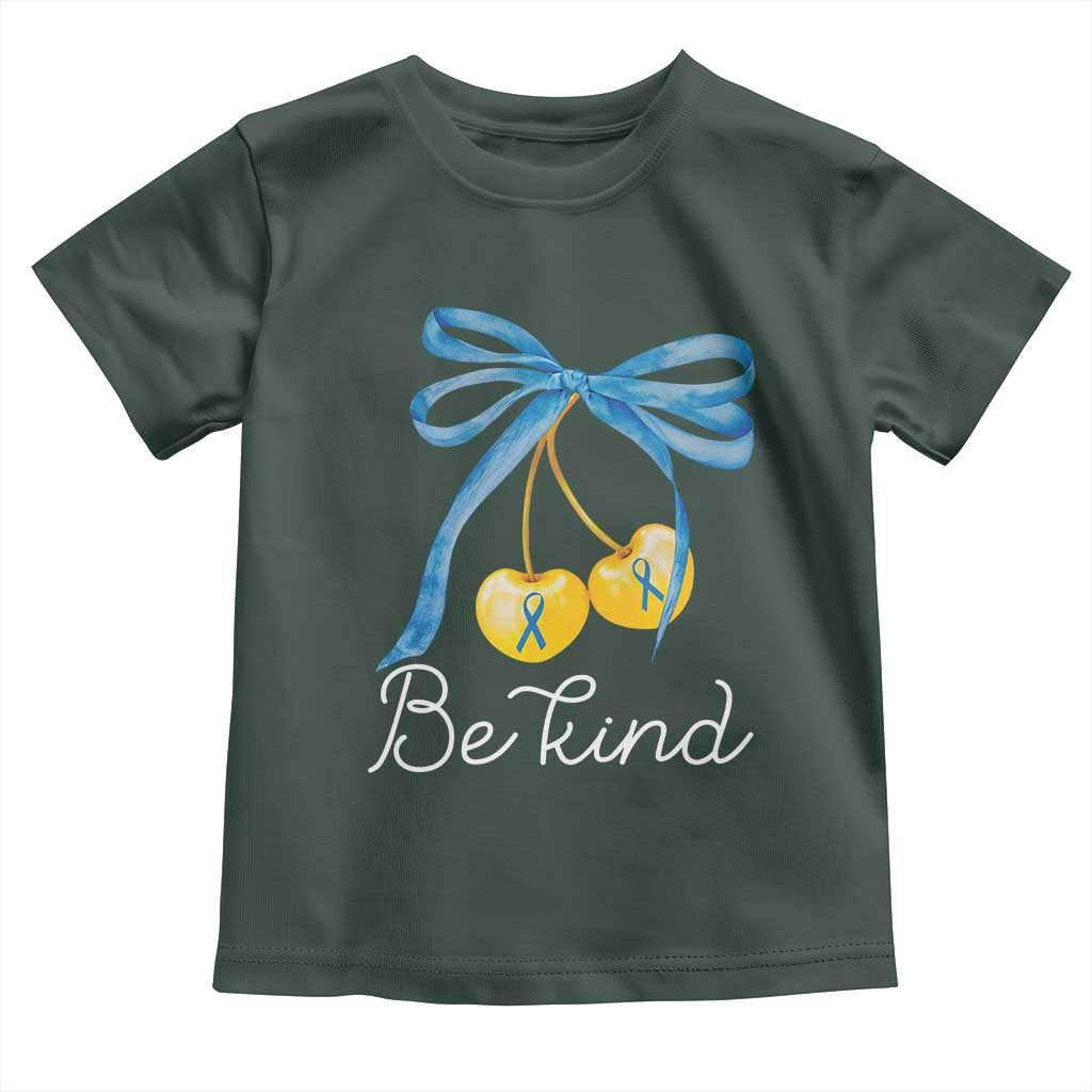 World Down Syndrome Day Toddler T Shirt Blue Yellow Cherry Bow Coquette Be Kind