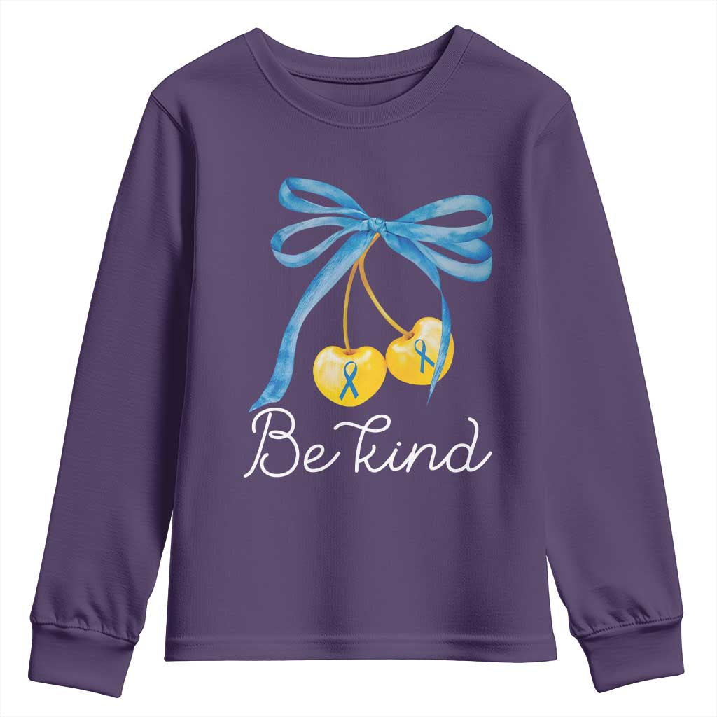 World Down Syndrome Day Youth Sweatshirt Blue Yellow Cherry Bow Coquette Be Kind