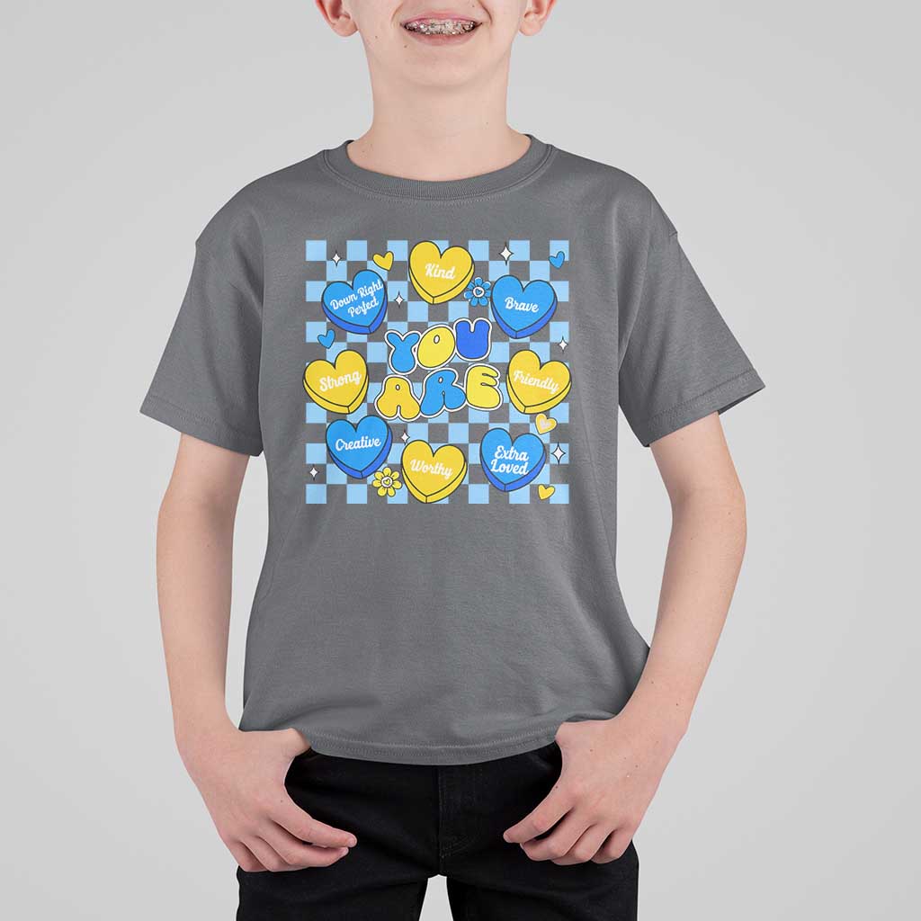 World Down Syndrome Day T Shirt For Kid Blue Yellow Ribbon Retro Heart Love