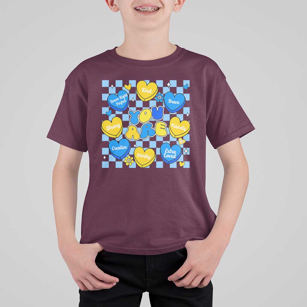 World Down Syndrome Day T Shirt For Kid Blue Yellow Ribbon Retro Heart Love