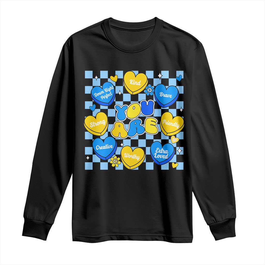 World Down Syndrome Day Long Sleeve Shirt Blue Yellow Ribbon Retro Heart Love