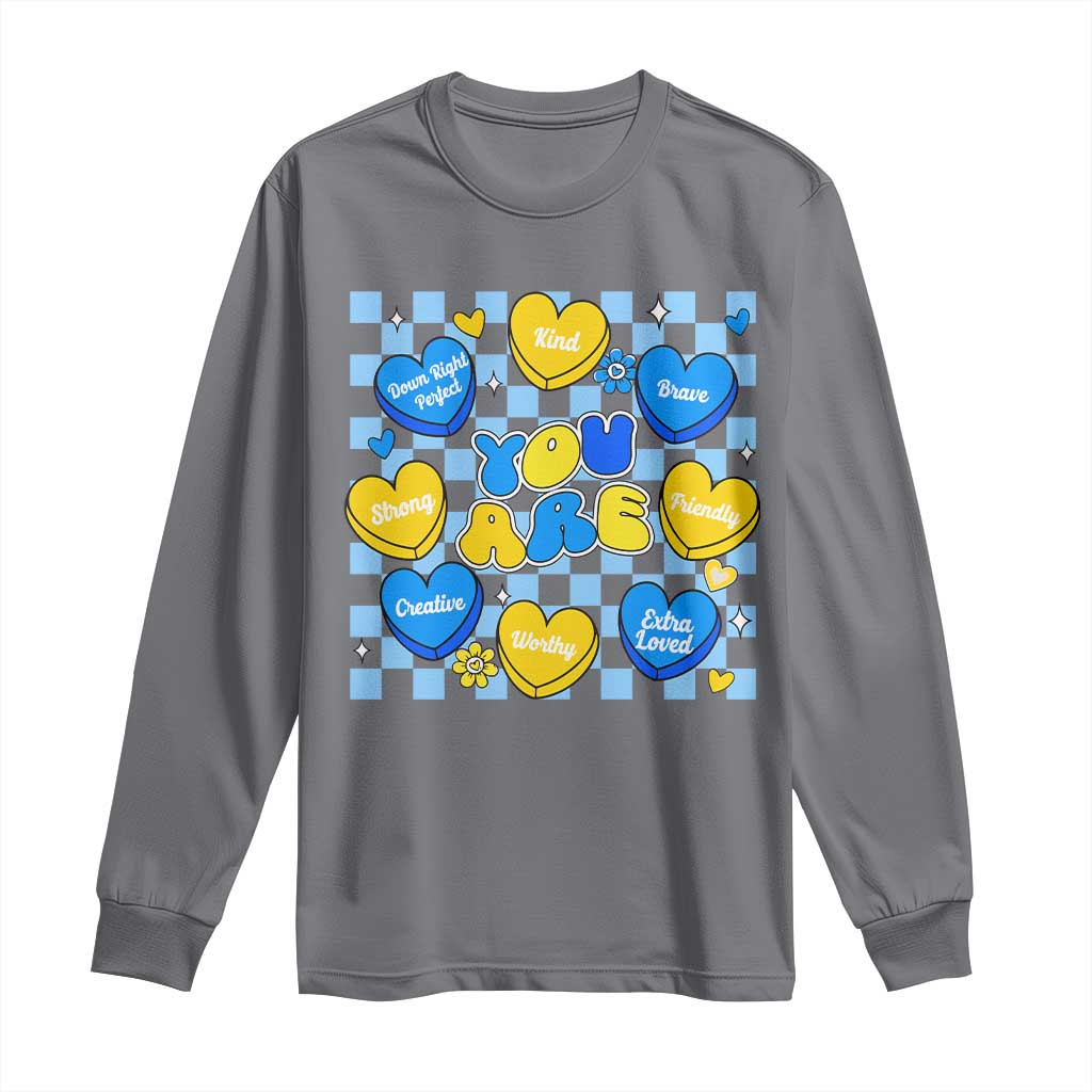 World Down Syndrome Day Long Sleeve Shirt Blue Yellow Ribbon Retro Heart Love