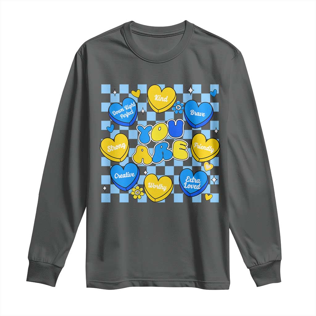 World Down Syndrome Day Long Sleeve Shirt Blue Yellow Ribbon Retro Heart Love