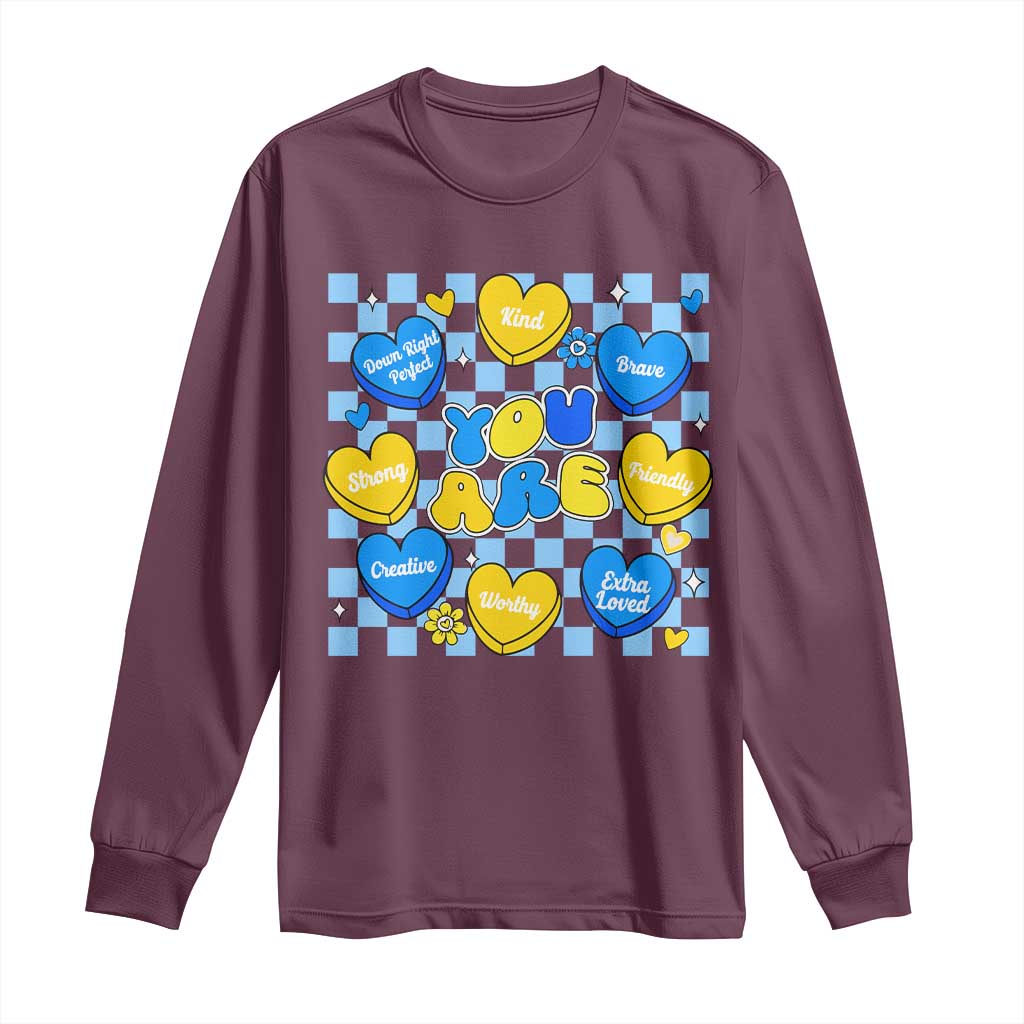 World Down Syndrome Day Long Sleeve Shirt Blue Yellow Ribbon Retro Heart Love