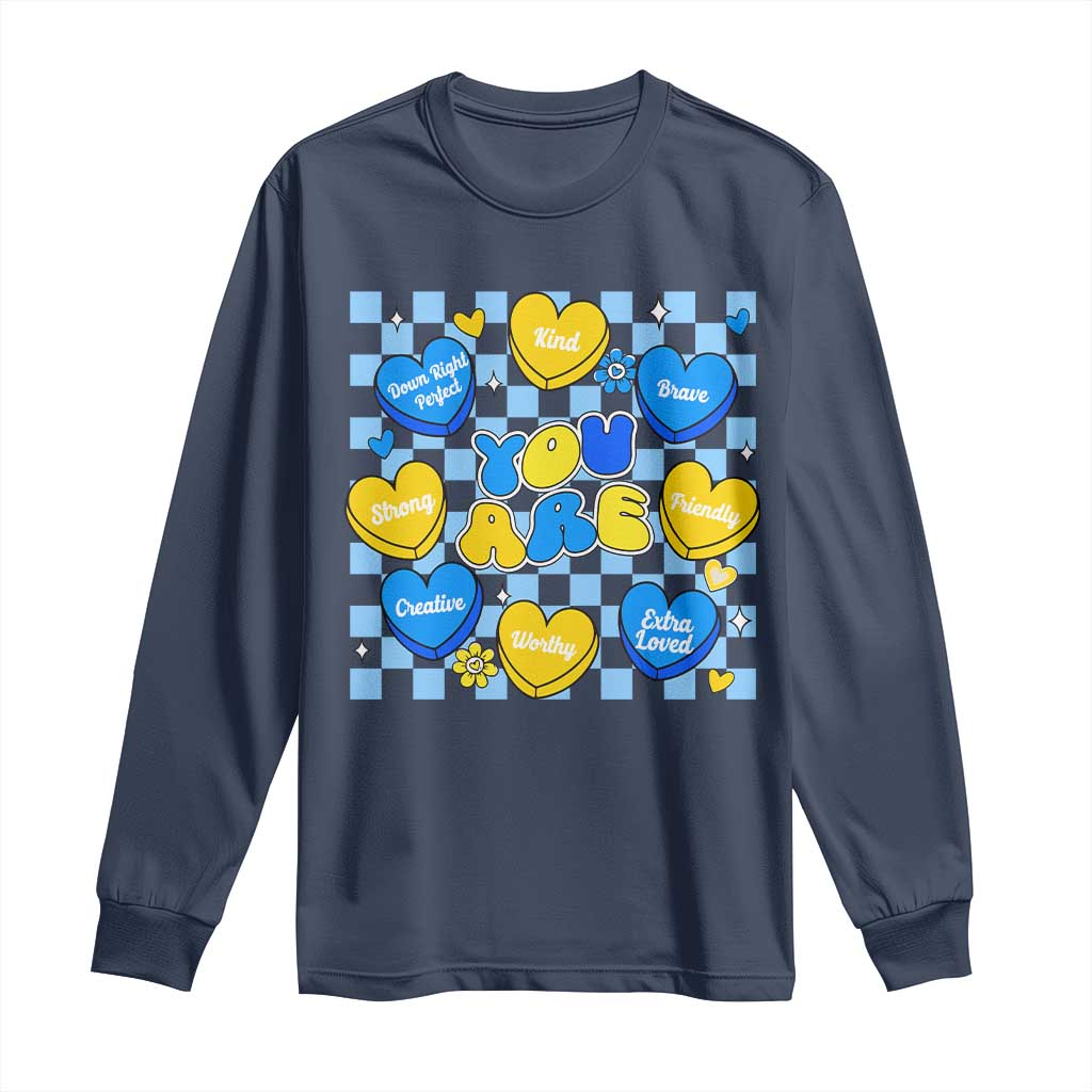 World Down Syndrome Day Long Sleeve Shirt Blue Yellow Ribbon Retro Heart Love