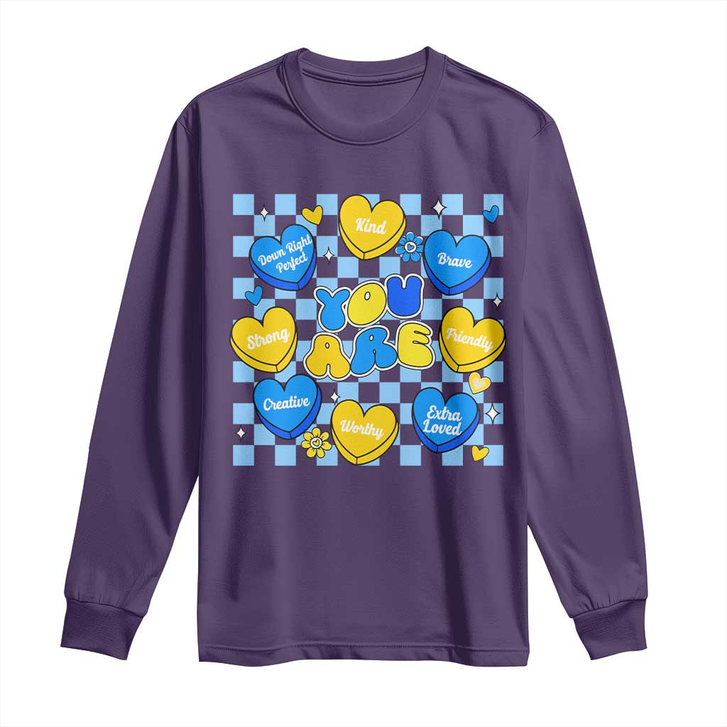 World Down Syndrome Day Long Sleeve Shirt Blue Yellow Ribbon Retro Heart Love