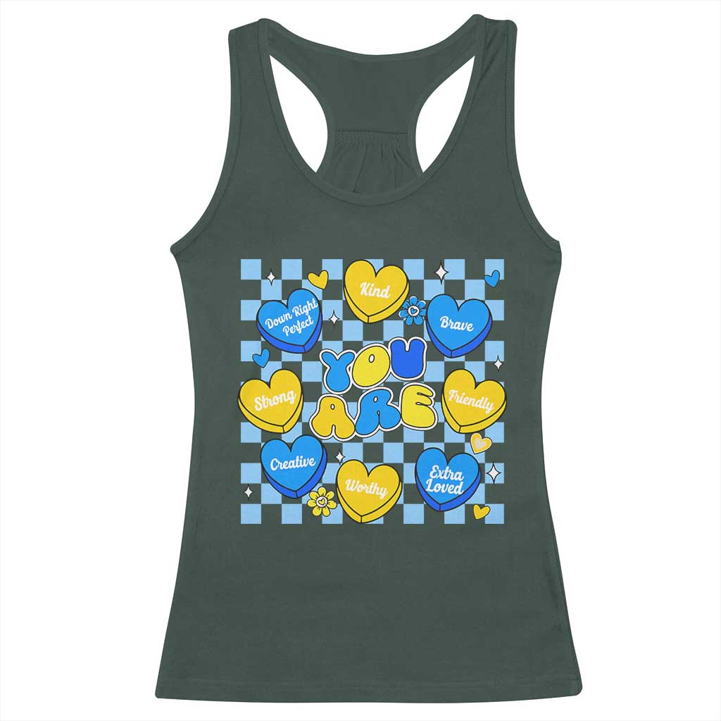 World Down Syndrome Day Racerback Tank Top Blue Yellow Ribbon Retro Heart Love