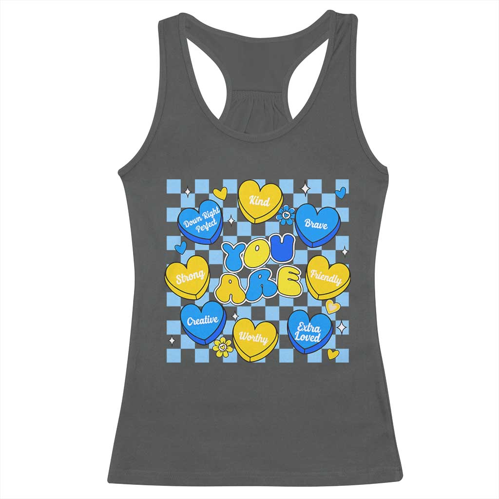 World Down Syndrome Day Racerback Tank Top Blue Yellow Ribbon Retro Heart Love
