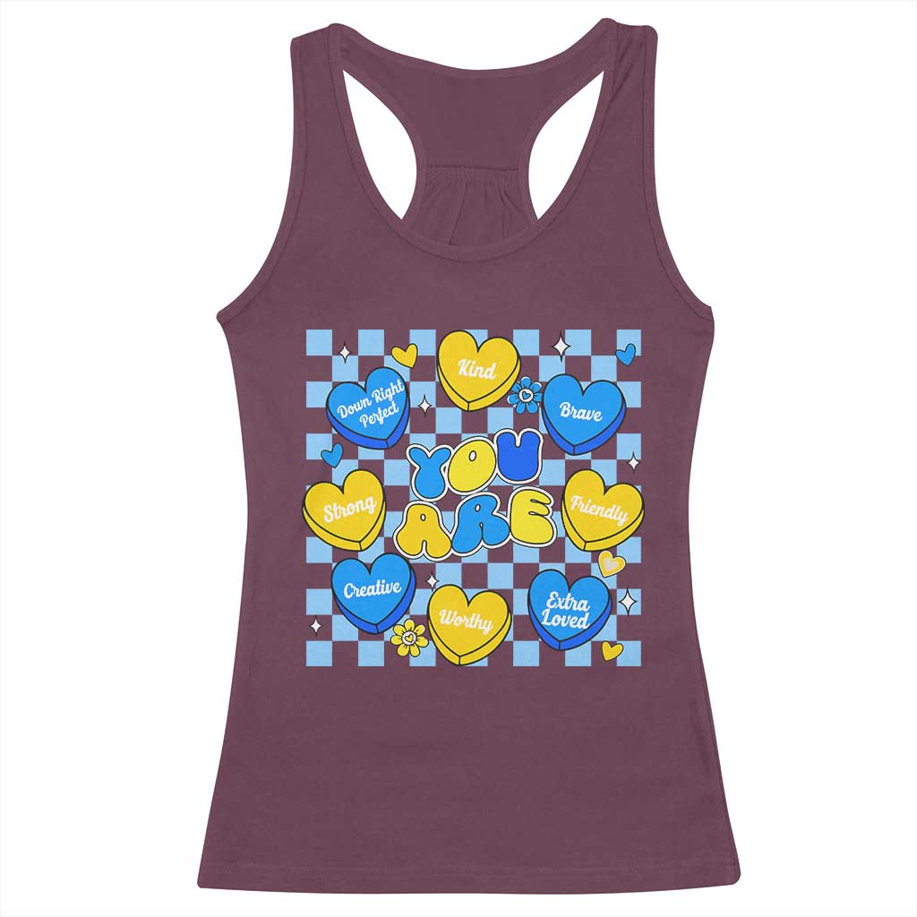 World Down Syndrome Day Racerback Tank Top Blue Yellow Ribbon Retro Heart Love