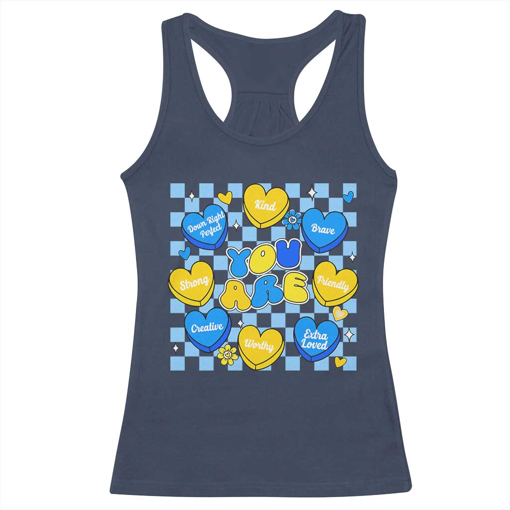 World Down Syndrome Day Racerback Tank Top Blue Yellow Ribbon Retro Heart Love