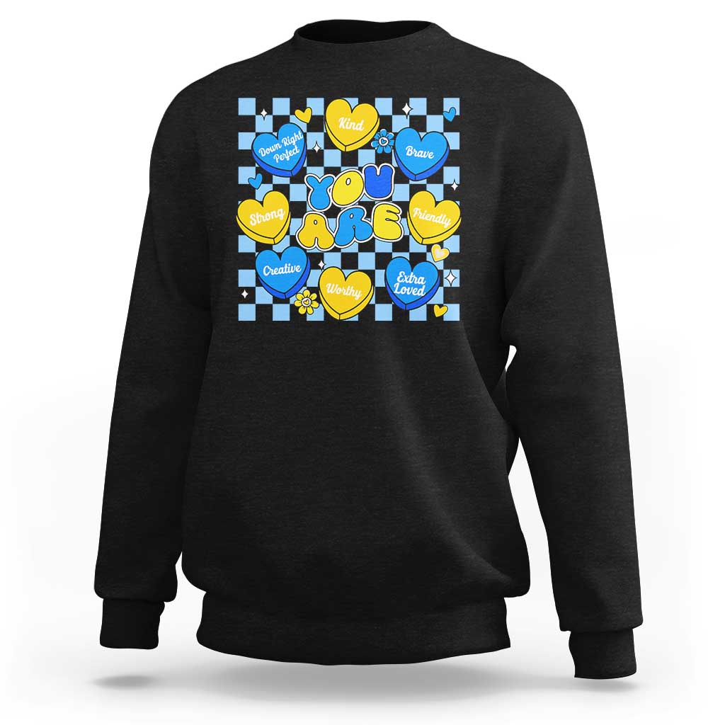 World Down Syndrome Day Sweatshirt Blue Yellow Ribbon Retro Heart Love