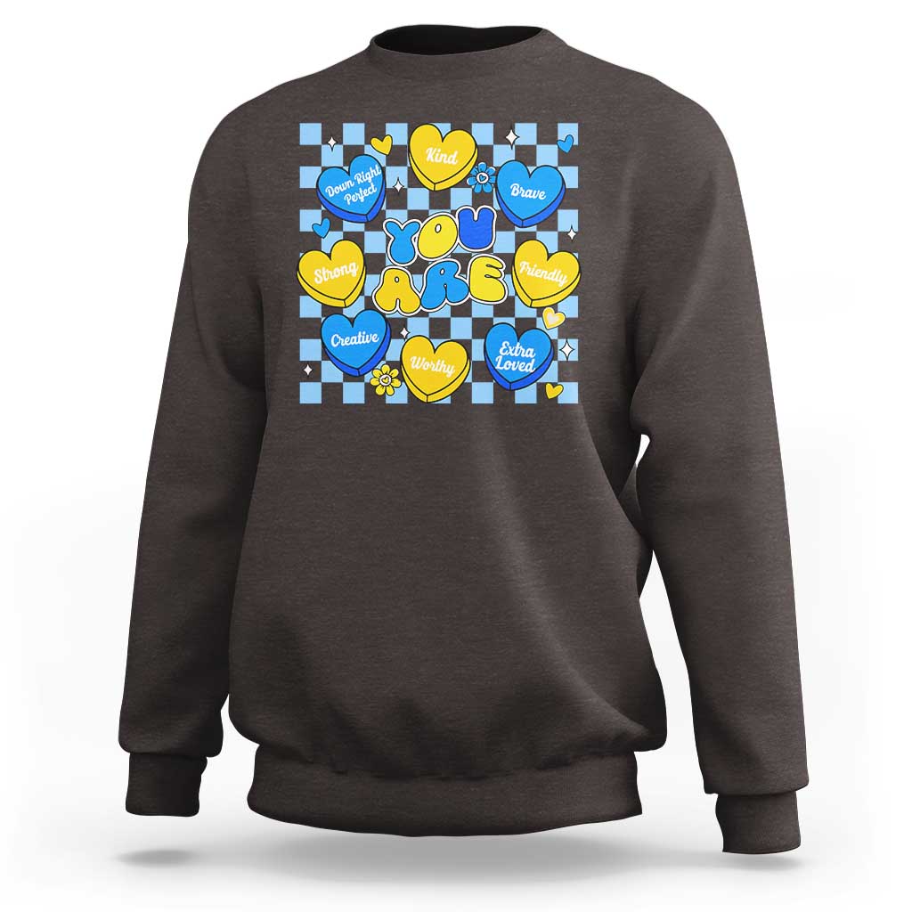 World Down Syndrome Day Sweatshirt Blue Yellow Ribbon Retro Heart Love