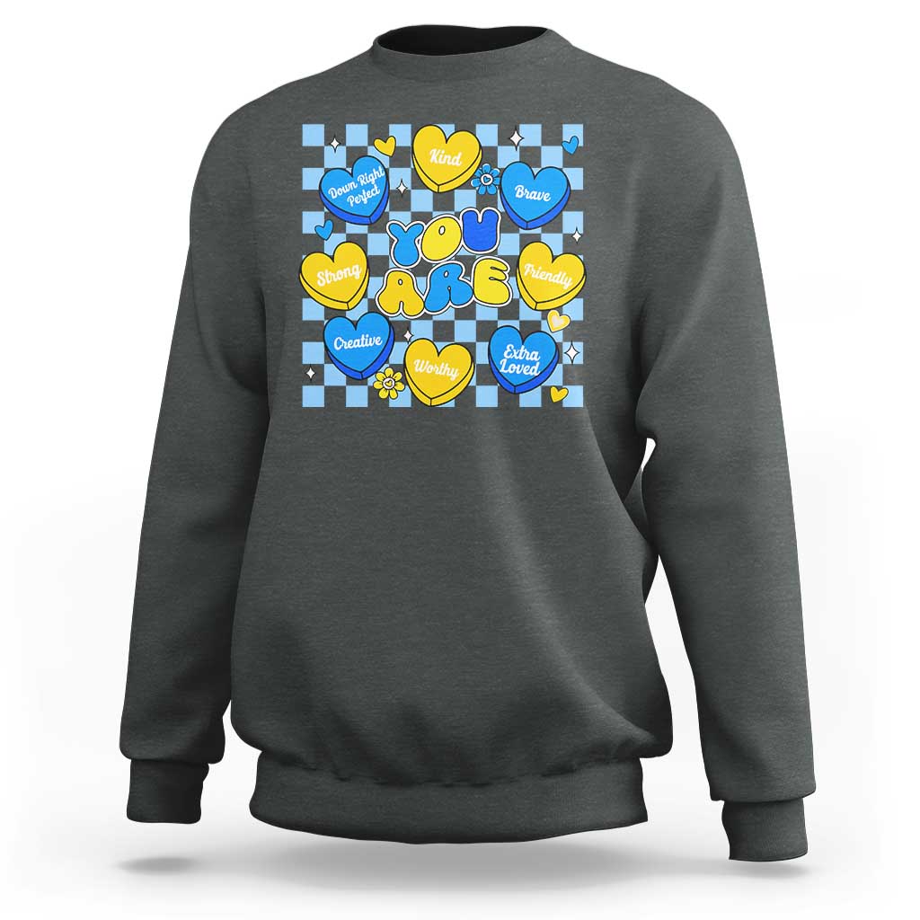 World Down Syndrome Day Sweatshirt Blue Yellow Ribbon Retro Heart Love