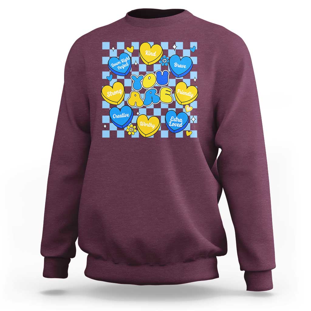 World Down Syndrome Day Sweatshirt Blue Yellow Ribbon Retro Heart Love