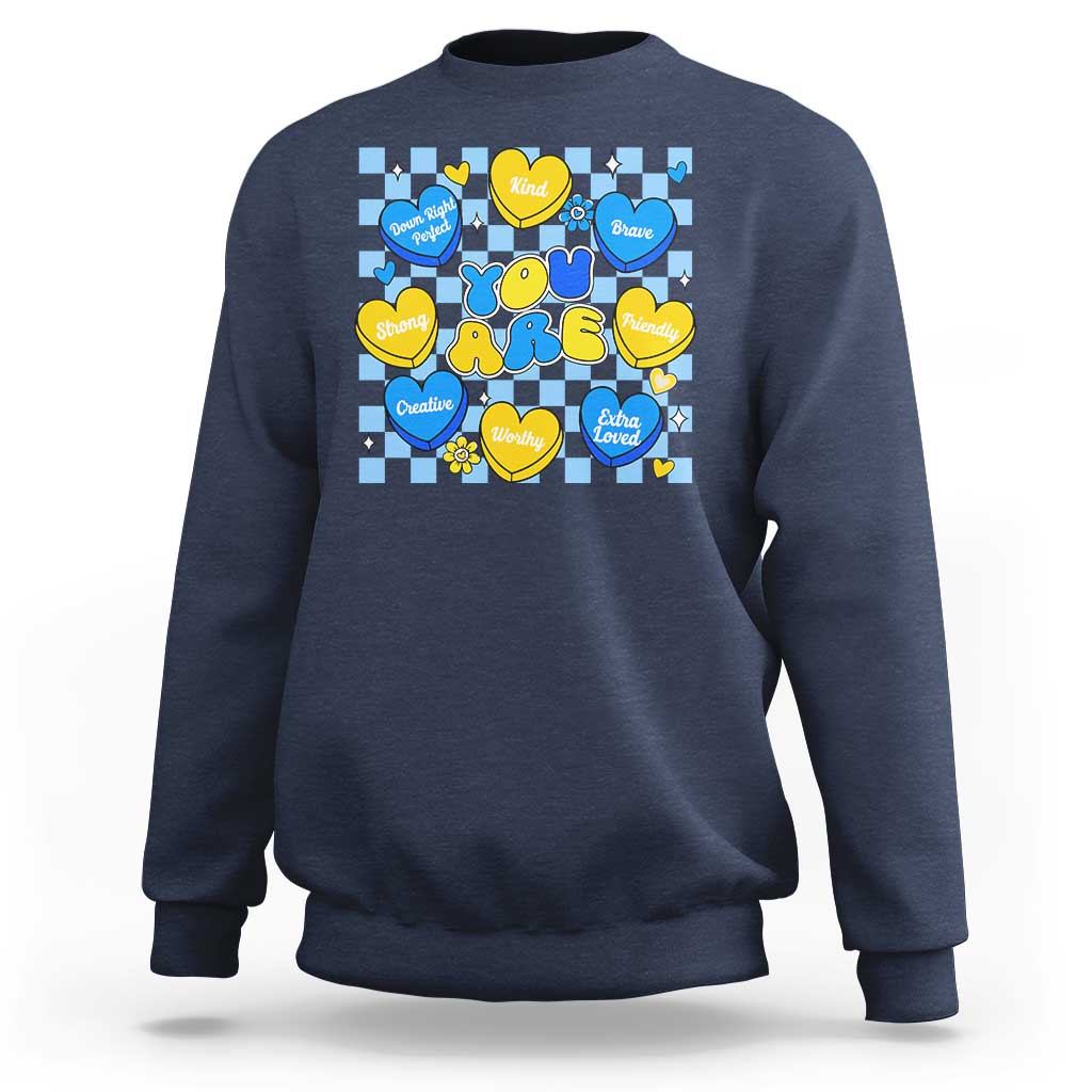 World Down Syndrome Day Sweatshirt Blue Yellow Ribbon Retro Heart Love