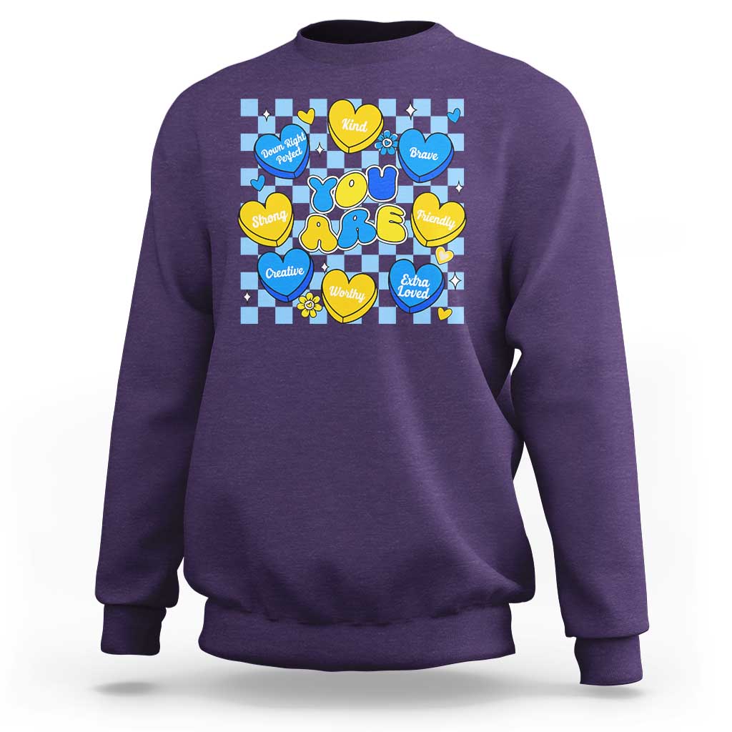 World Down Syndrome Day Sweatshirt Blue Yellow Ribbon Retro Heart Love