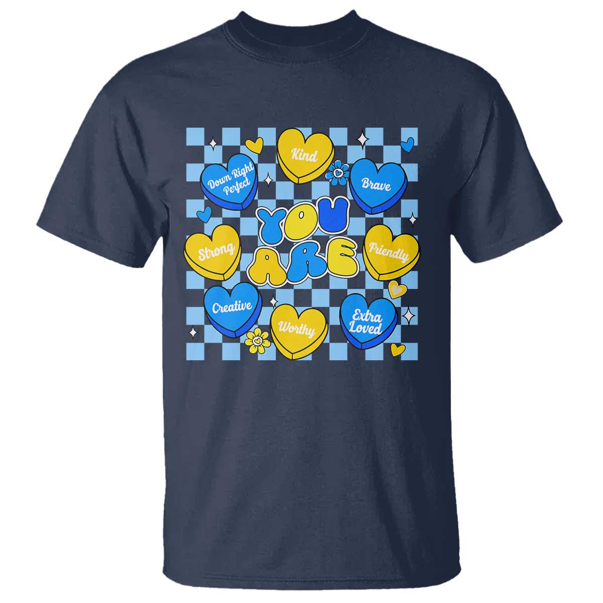 World Down Syndrome Day T Shirt Blue Yellow Ribbon Retro Heart Love