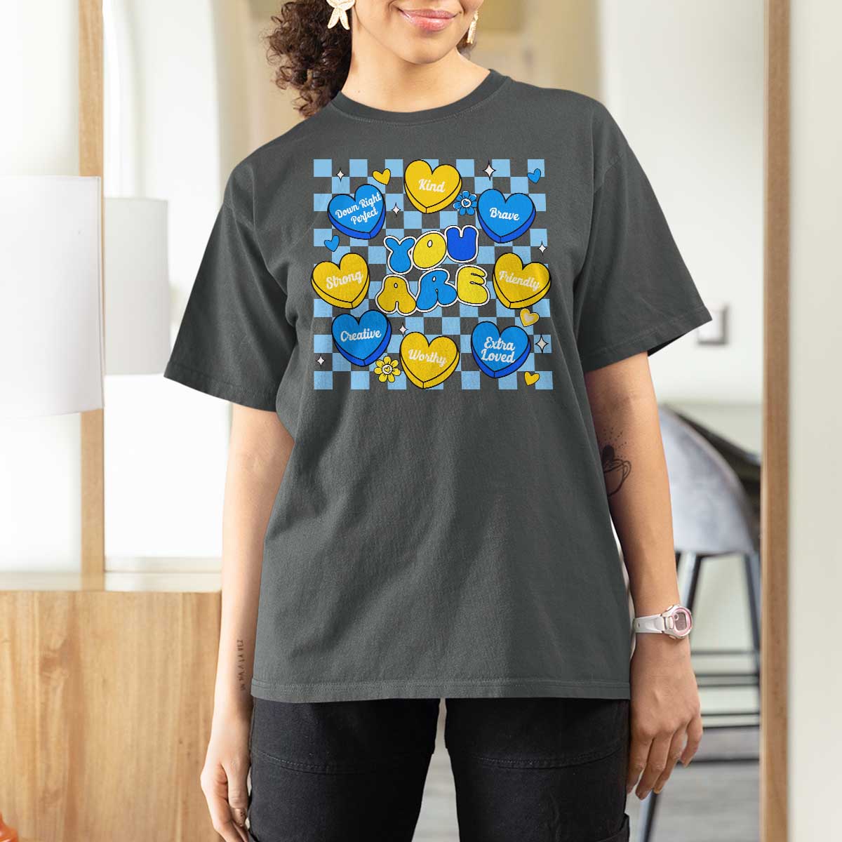 World Down Syndrome Day T Shirt For Women Blue Yellow Ribbon Retro Heart Love