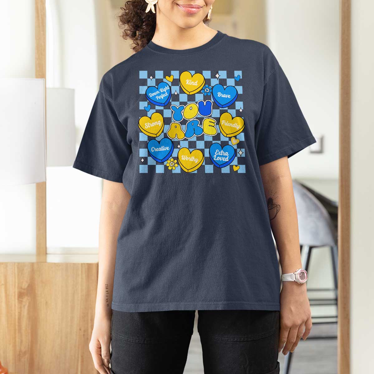 World Down Syndrome Day T Shirt For Women Blue Yellow Ribbon Retro Heart Love
