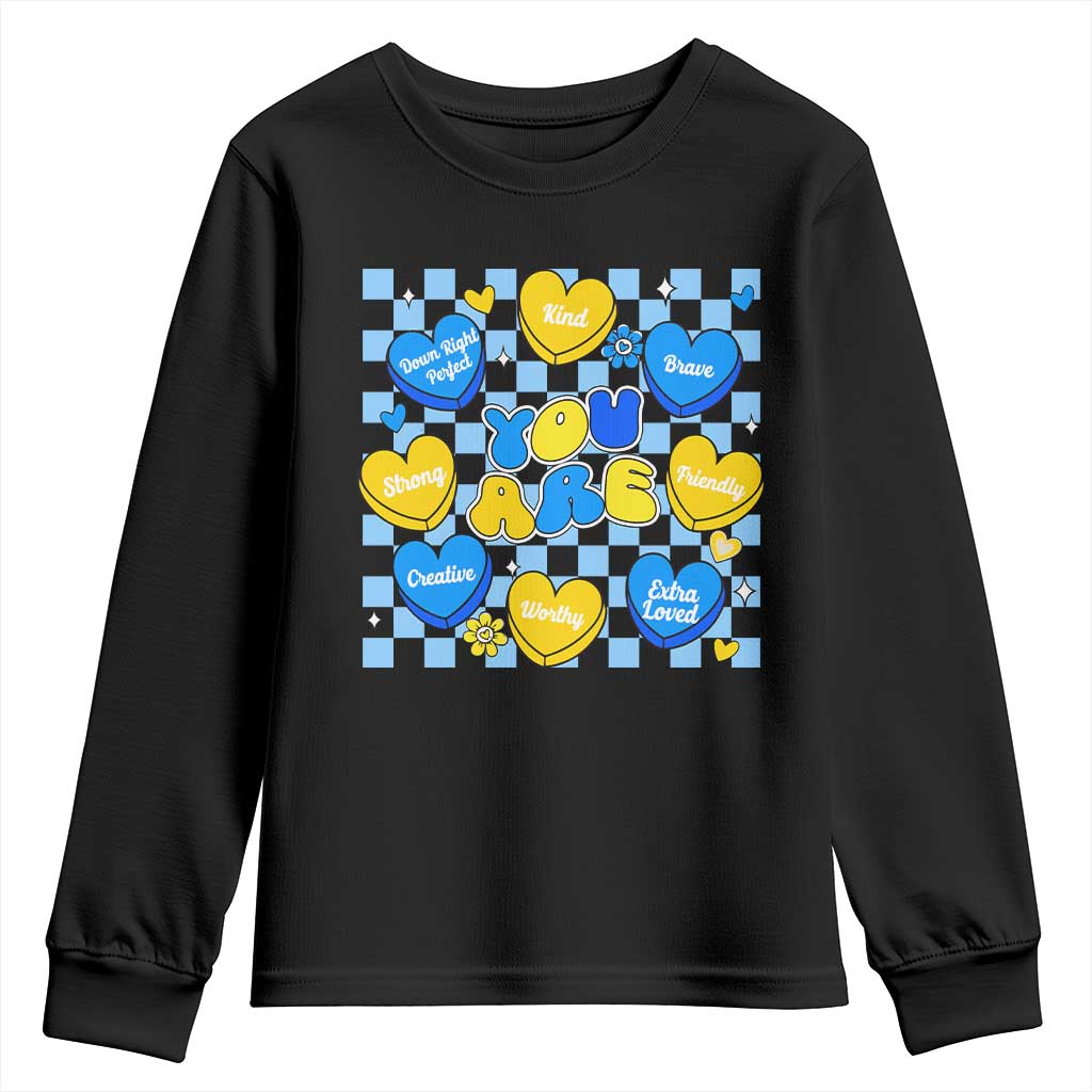 World Down Syndrome Day Youth Sweatshirt Blue Yellow Ribbon Retro Heart Love