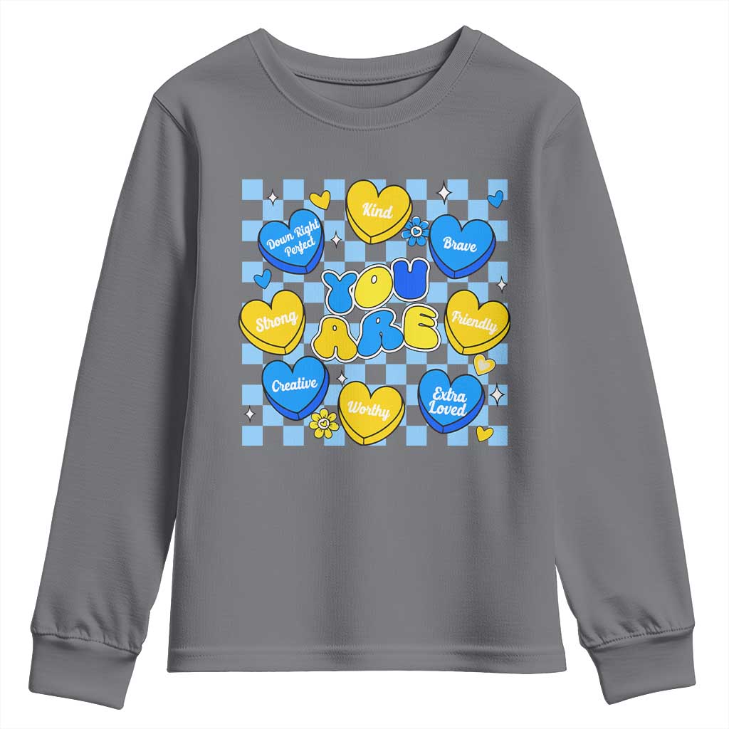 World Down Syndrome Day Youth Sweatshirt Blue Yellow Ribbon Retro Heart Love