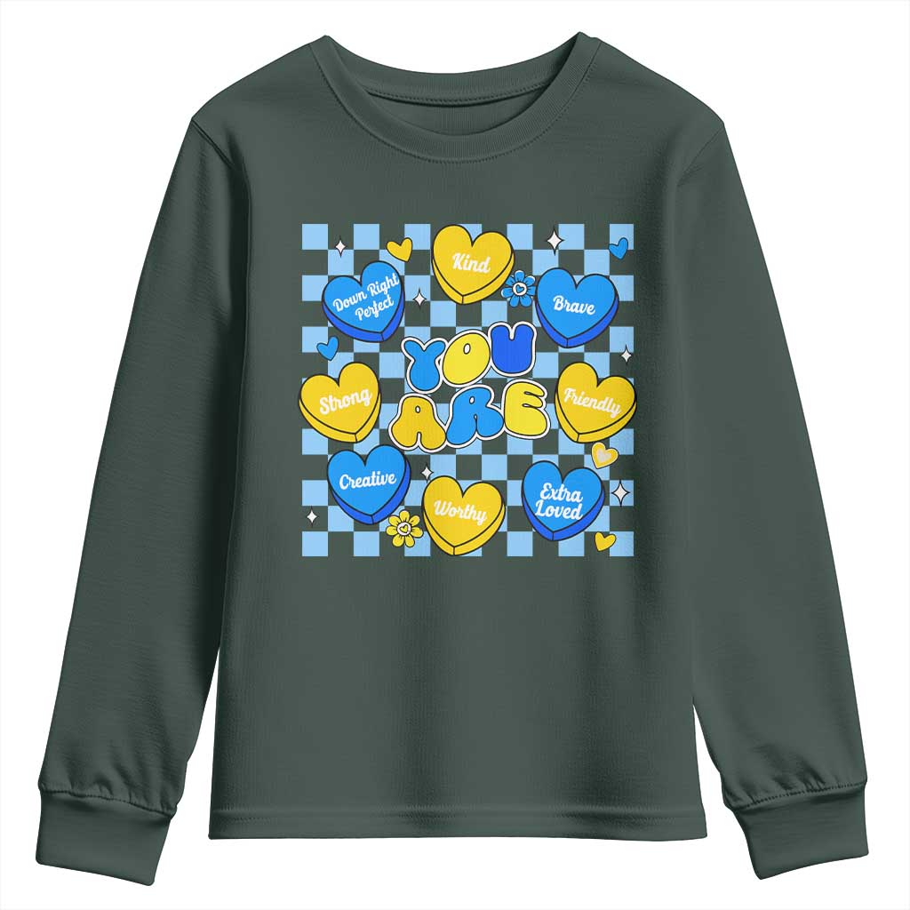 World Down Syndrome Day Youth Sweatshirt Blue Yellow Ribbon Retro Heart Love