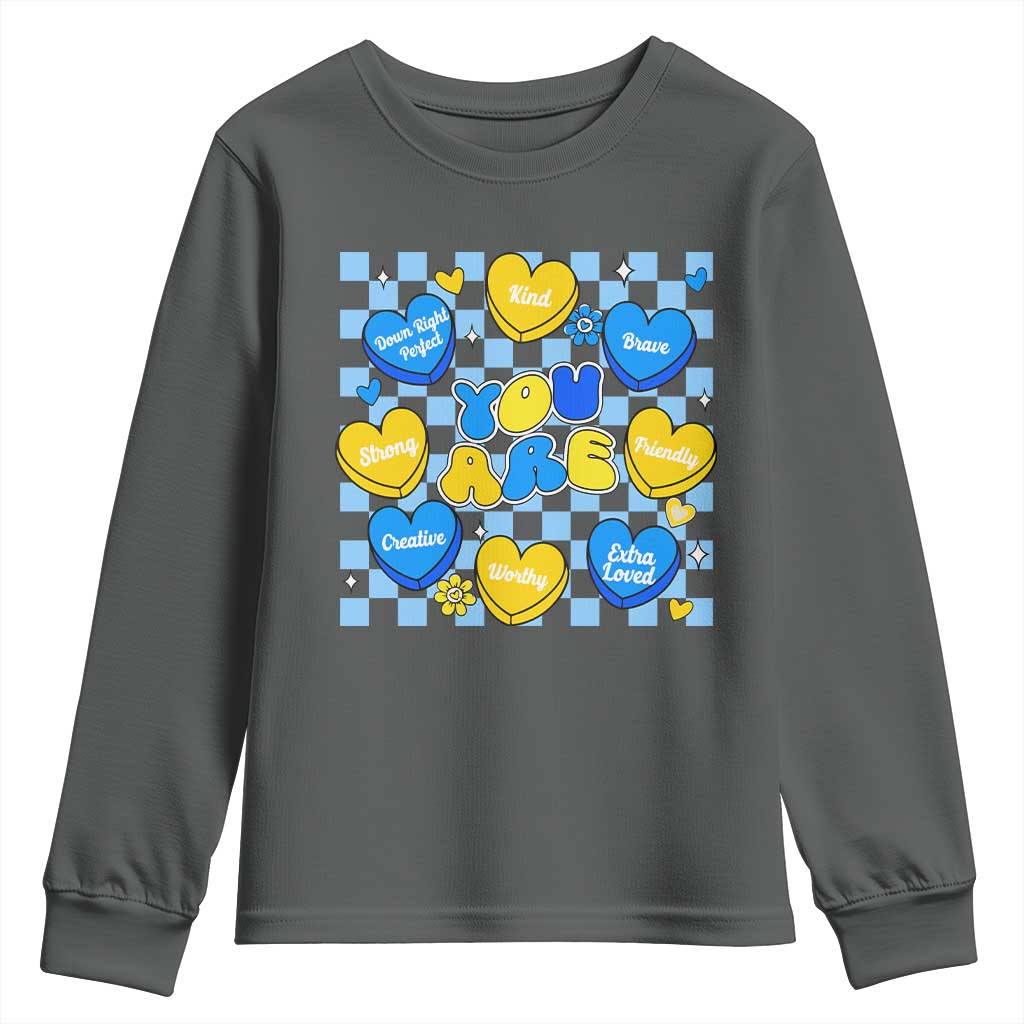 World Down Syndrome Day Youth Sweatshirt Blue Yellow Ribbon Retro Heart Love
