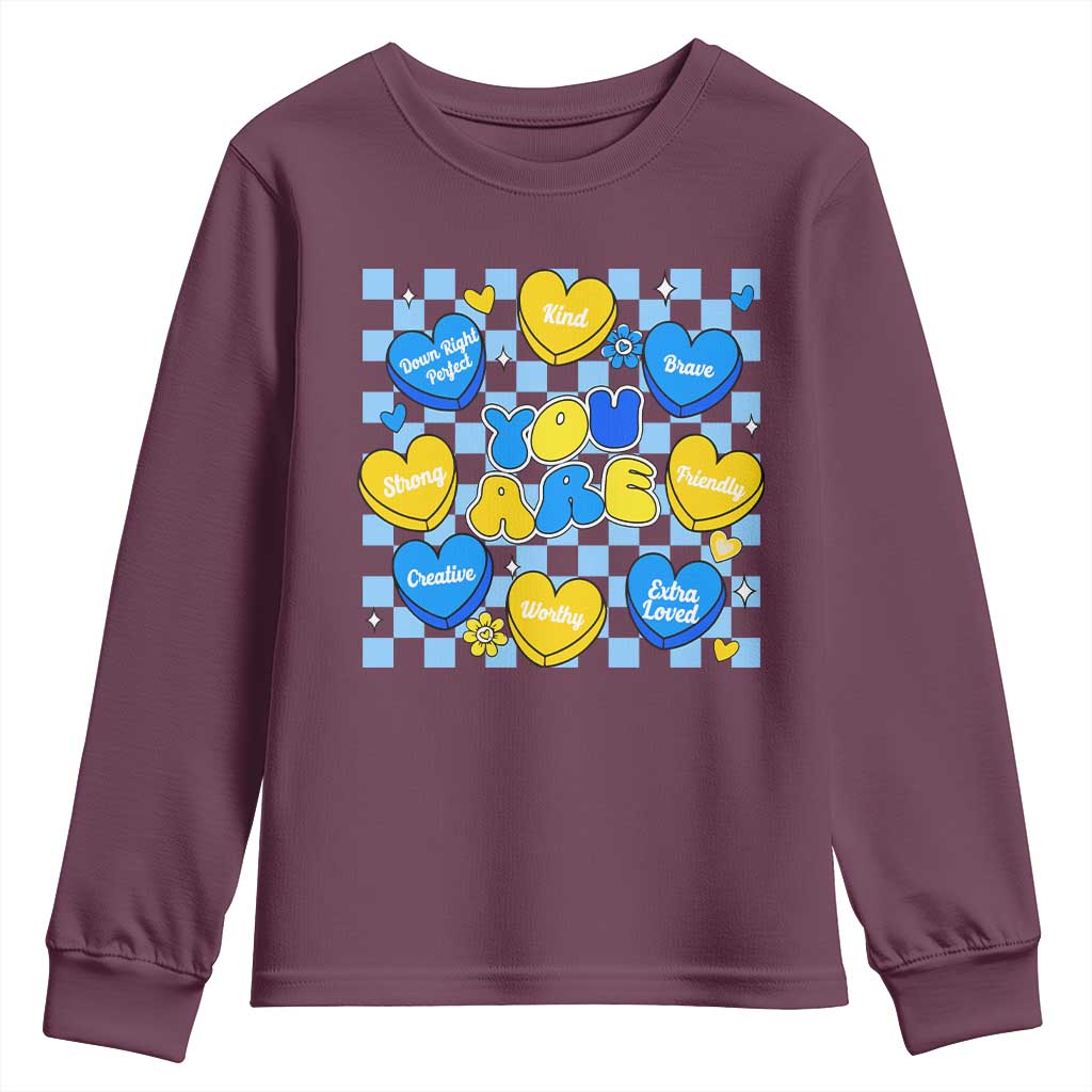 World Down Syndrome Day Youth Sweatshirt Blue Yellow Ribbon Retro Heart Love