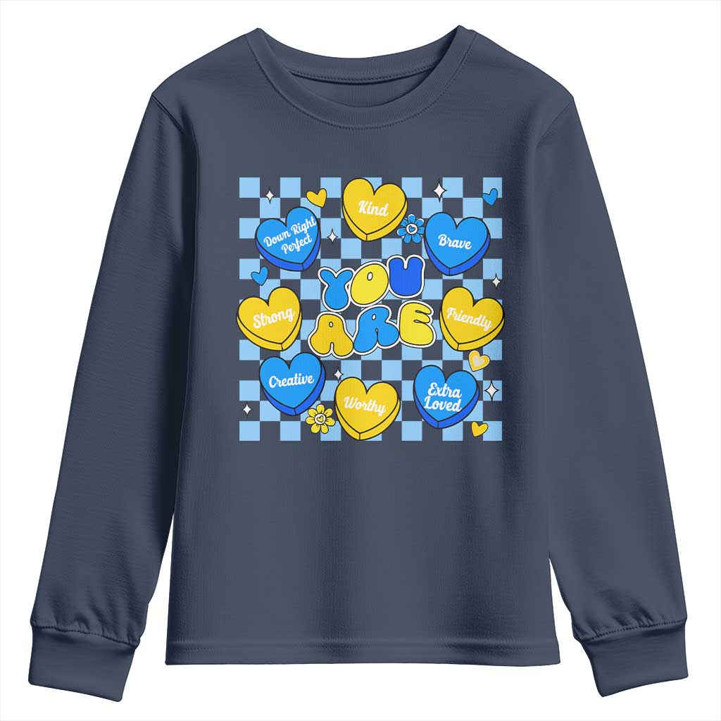 World Down Syndrome Day Youth Sweatshirt Blue Yellow Ribbon Retro Heart Love