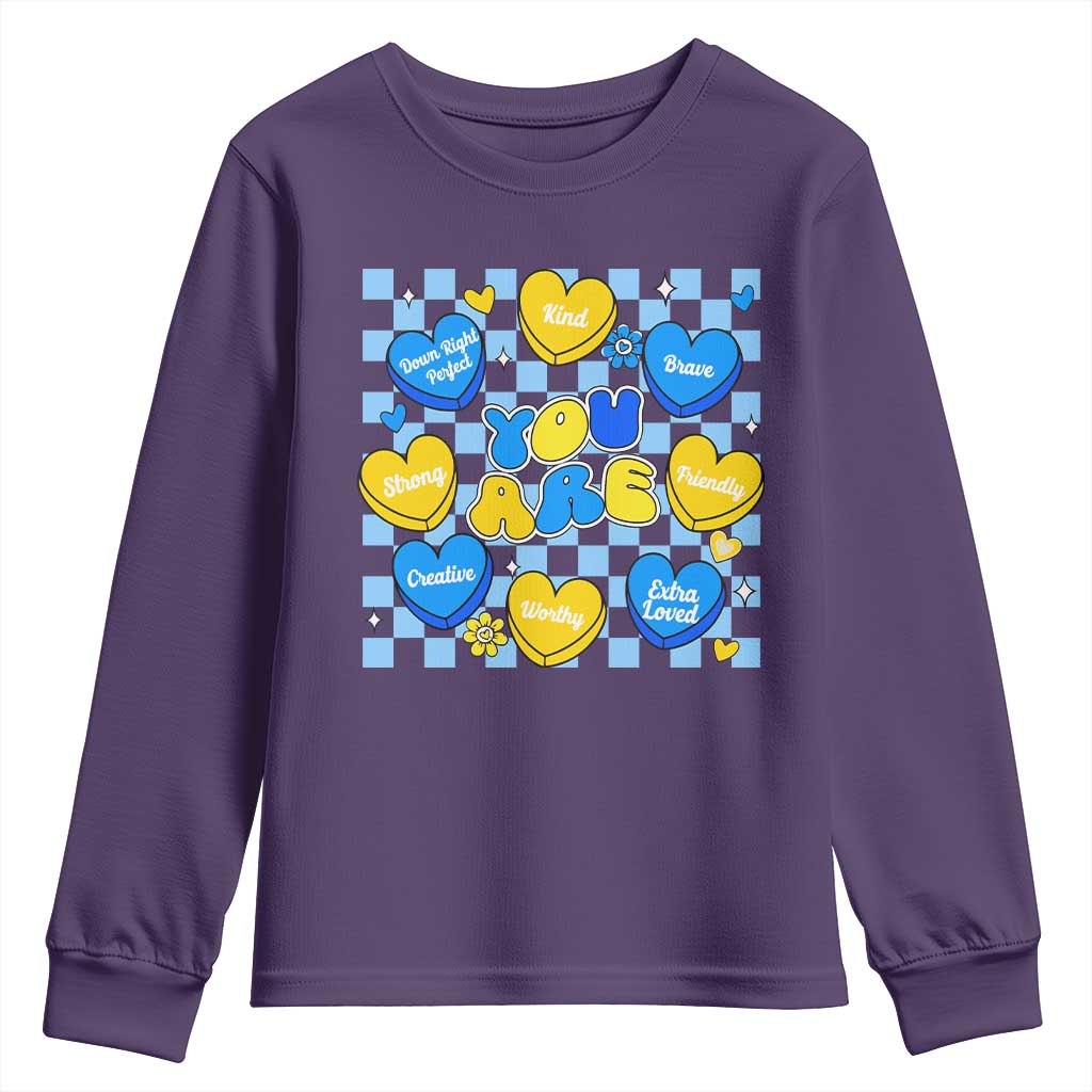 World Down Syndrome Day Youth Sweatshirt Blue Yellow Ribbon Retro Heart Love