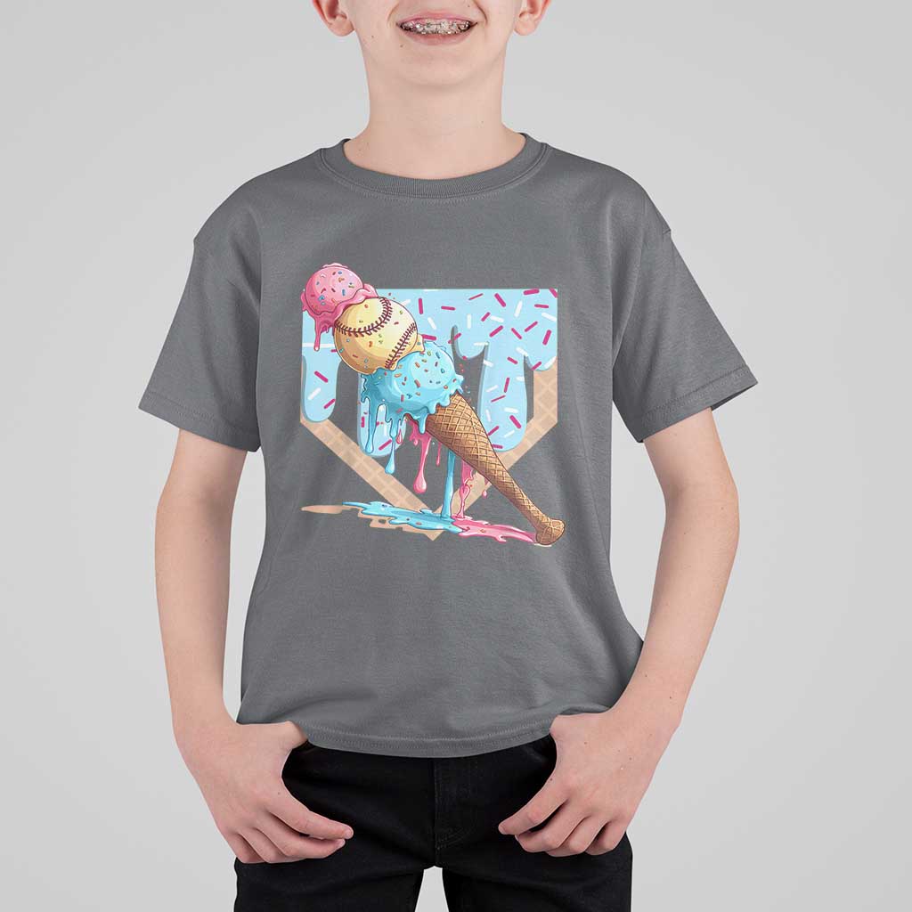 Baseball Ice Cream Dripping T Shirt For Kid Baseball Bat Home Plate Drip