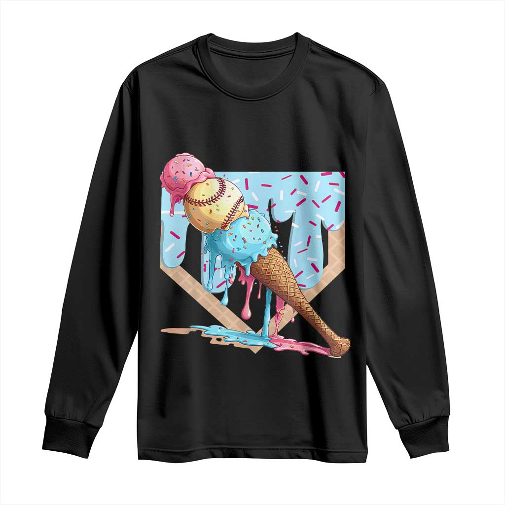 Baseball Ice Cream Dripping Long Sleeve Shirt Baseball Bat Home Plate Drip