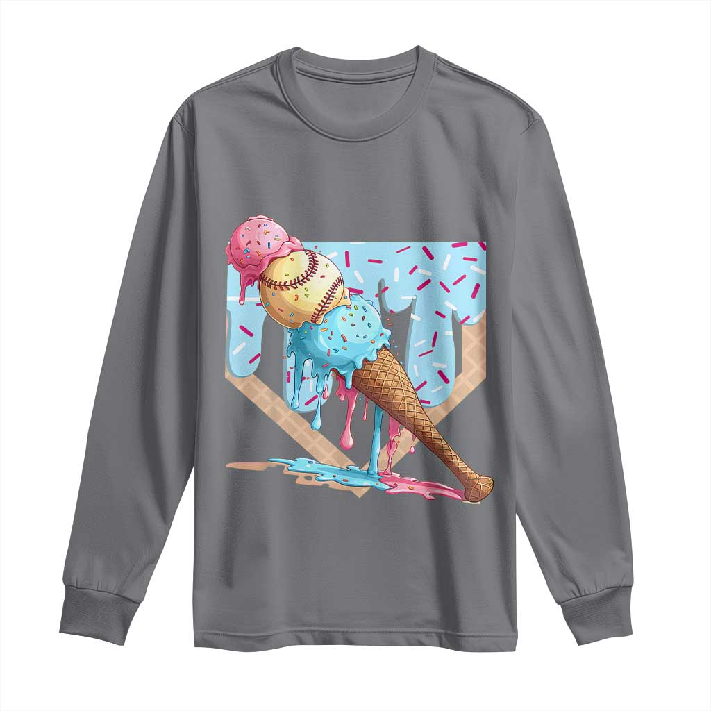 Baseball Ice Cream Dripping Long Sleeve Shirt Baseball Bat Home Plate Drip