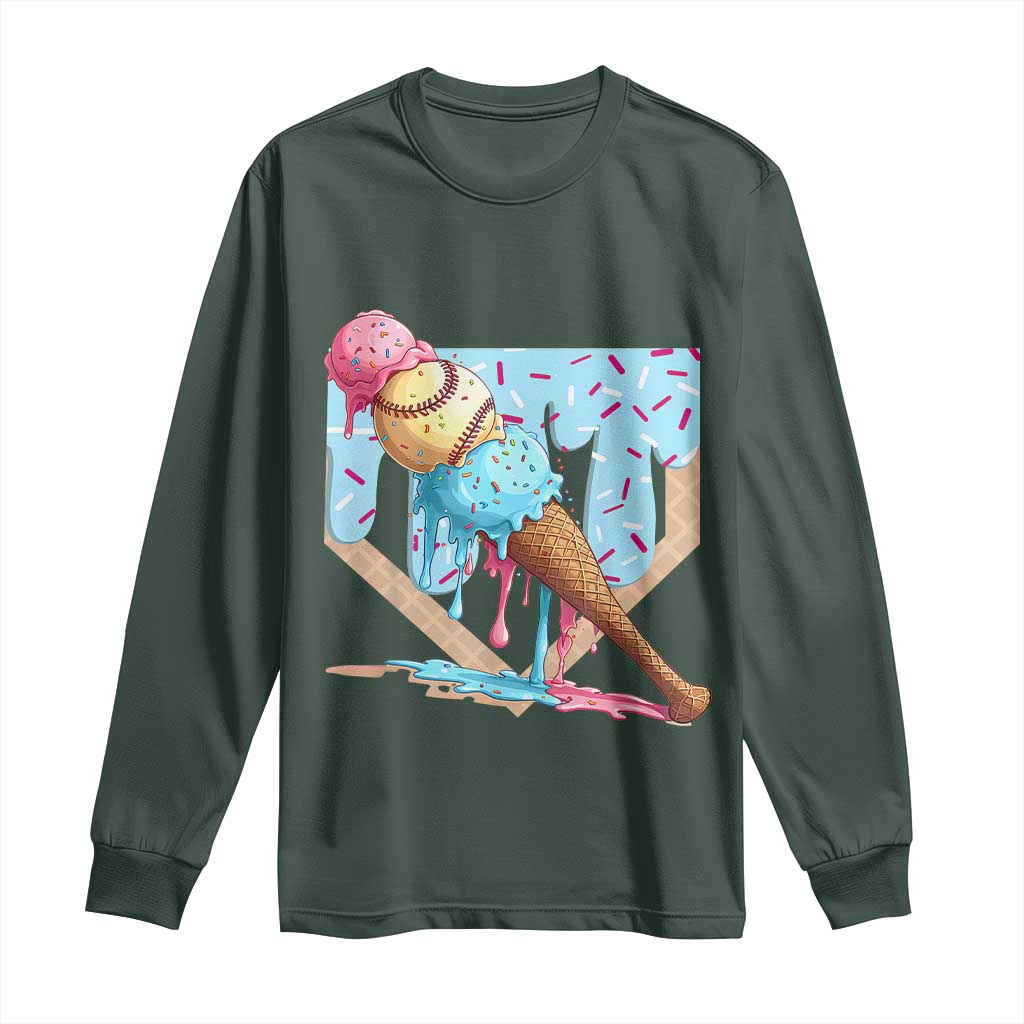 Baseball Ice Cream Dripping Long Sleeve Shirt Baseball Bat Home Plate Drip