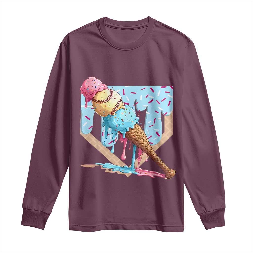 Baseball Ice Cream Dripping Long Sleeve Shirt Baseball Bat Home Plate Drip