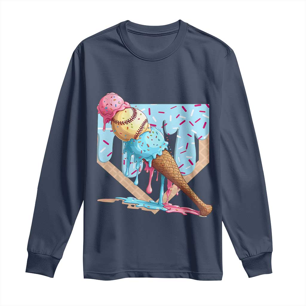 Baseball Ice Cream Dripping Long Sleeve Shirt Baseball Bat Home Plate Drip
