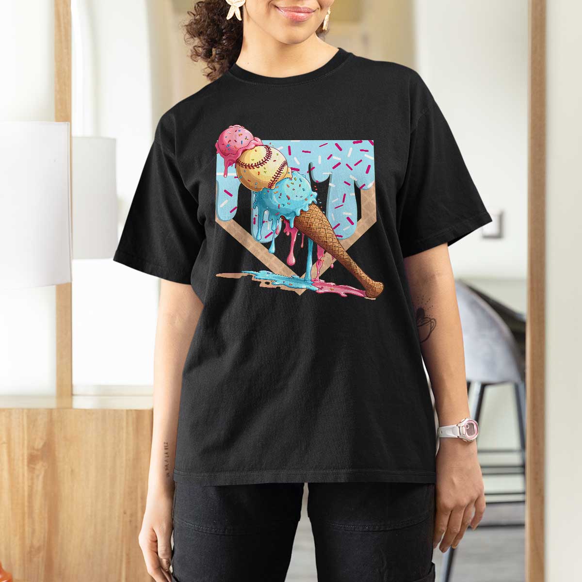 Baseball Ice Cream Dripping T Shirt For Women Baseball Bat Home Plate Drip