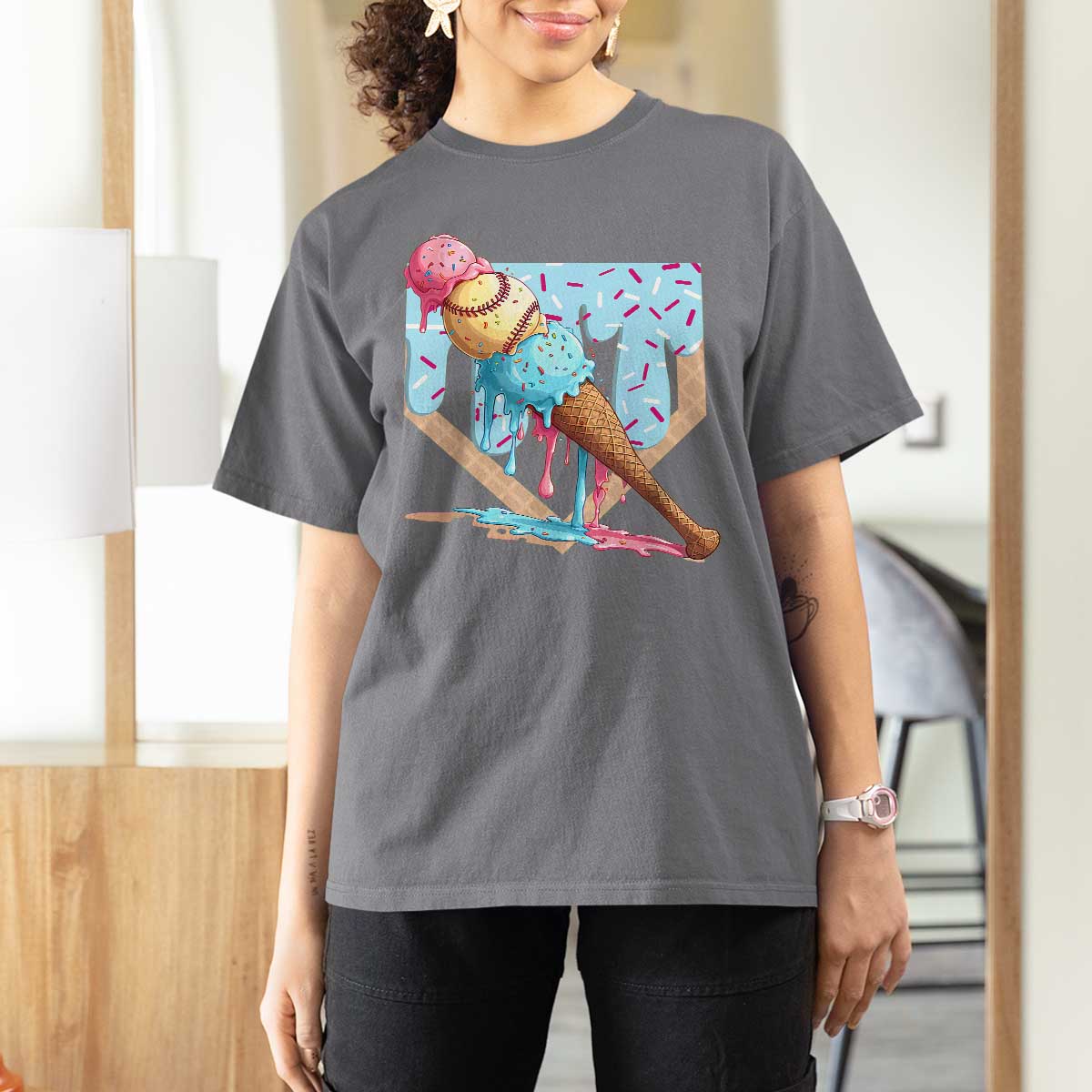 Baseball Ice Cream Dripping T Shirt For Women Baseball Bat Home Plate Drip