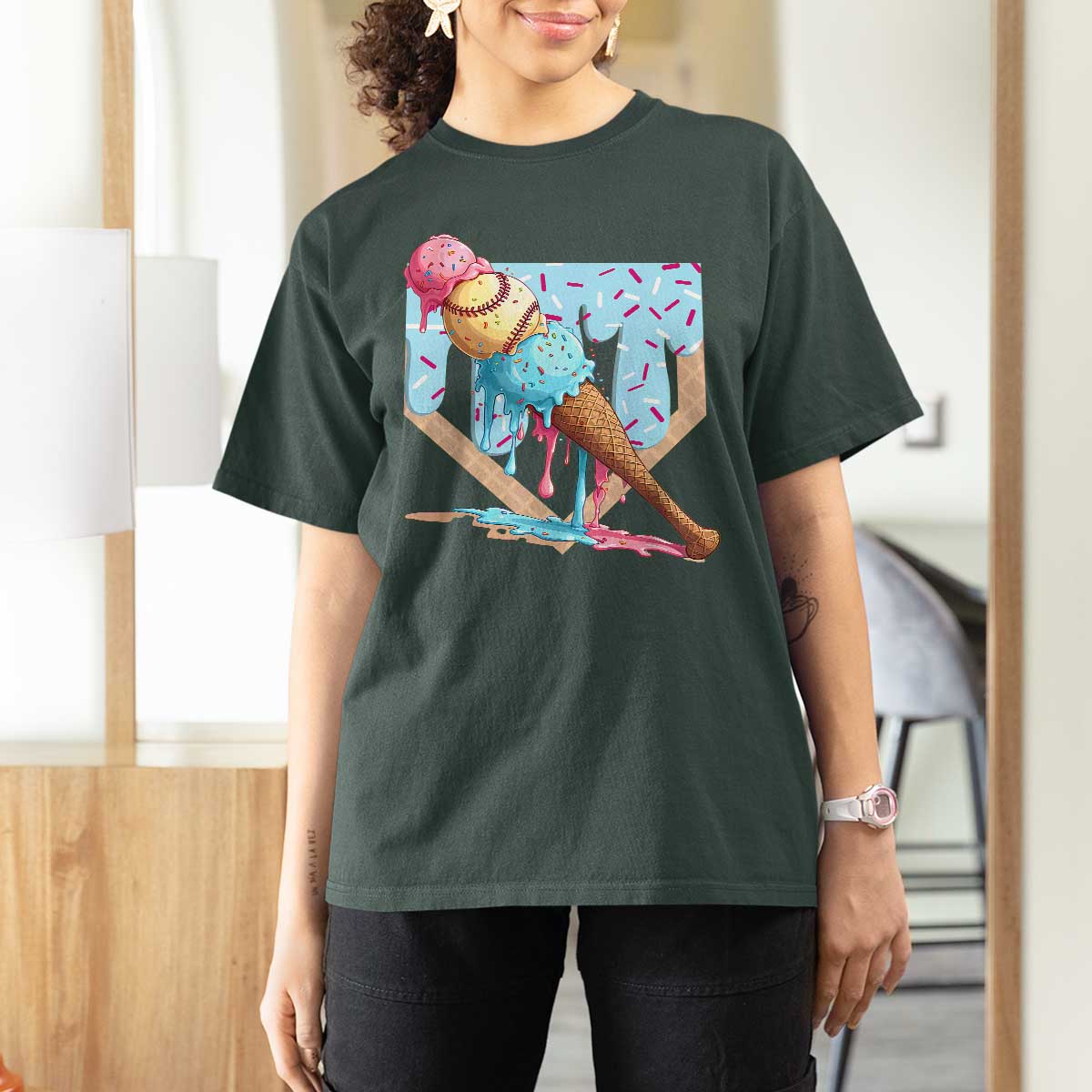 Baseball Ice Cream Dripping T Shirt For Women Baseball Bat Home Plate Drip